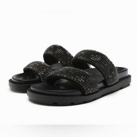 Zara Black🖤🖤🖤 Rhinestone Flat Sandals - Size 6 - NWT - Picture 6 of 12